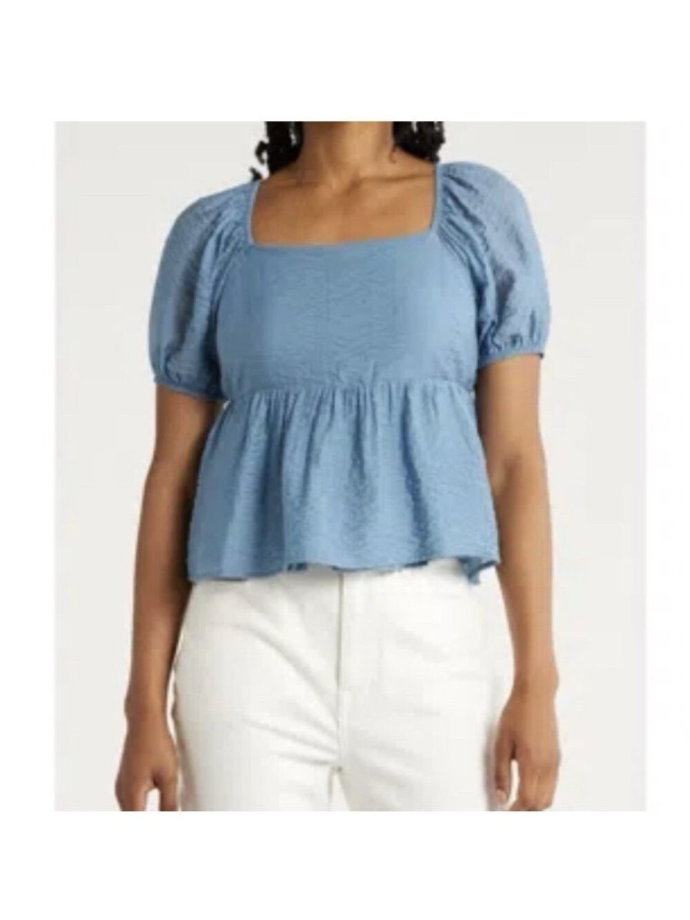 Melrose And Market Blue Skyway Top With Puff Sleeves Size XL